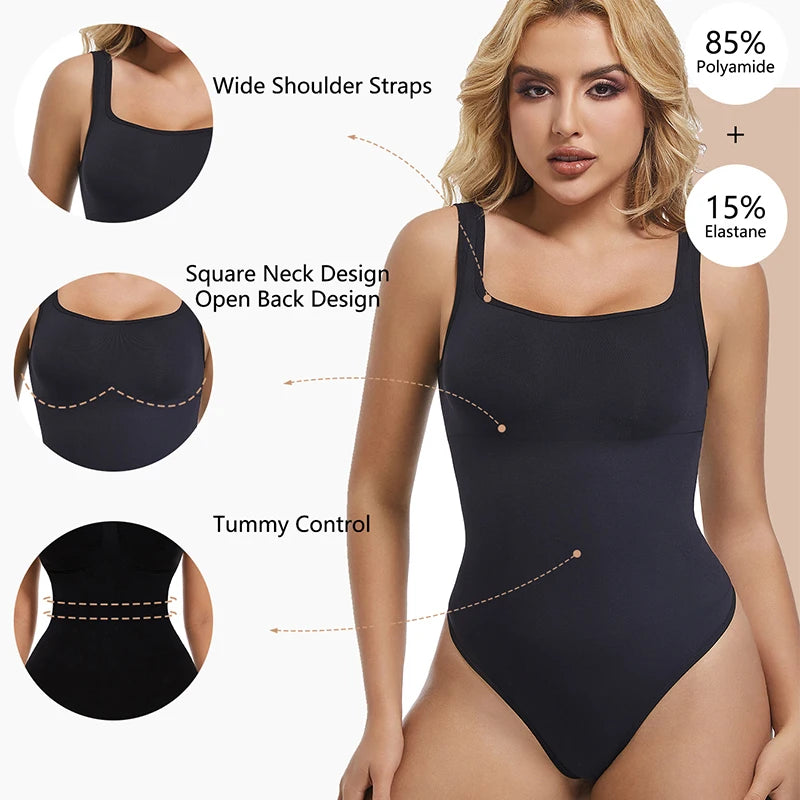 Bodysuits for Women Tummy Control Shapewear Seamless Square Neck Thong Bodysuit Shaper Tank Top Jumpsuit
