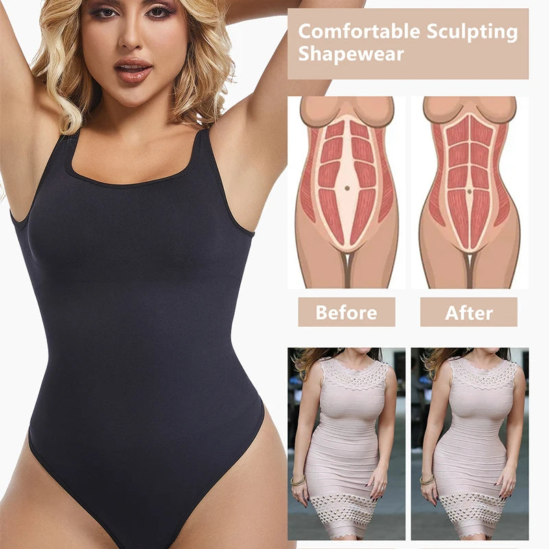 Bodysuits for Women Tummy Control Shapewear Seamless Square Neck Thong Bodysuit Shaper Tank Top Jumpsuit